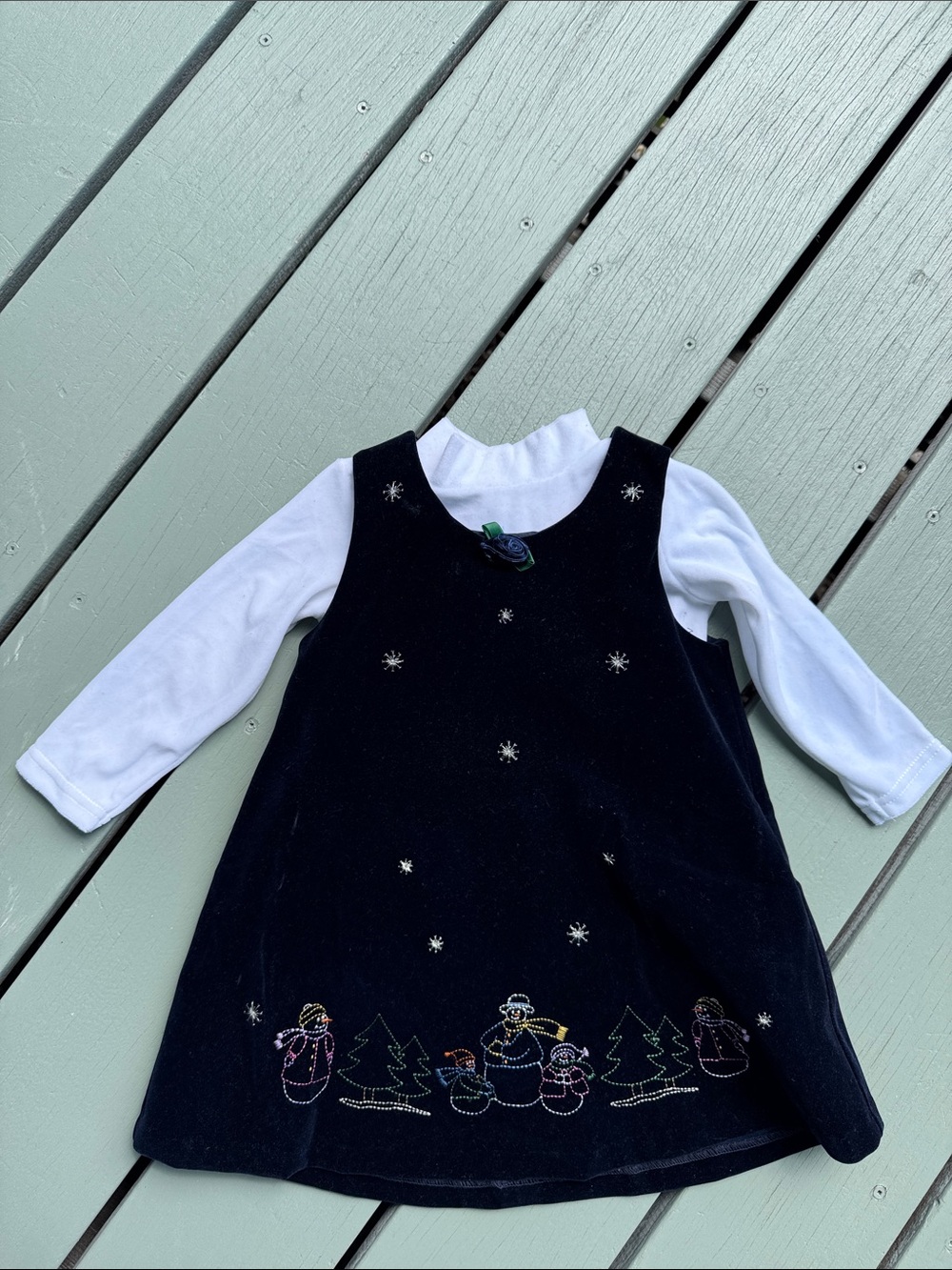 Velvet Dress with White Long-sleeved Onesie Snowman Winter